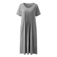 GDfun női nyári kerek nyak Vintage A-Line ruha Térdig érő Rövid ujjú egyszínű Ruched Ruha Női ruhák