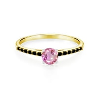 Drágakő Király 0. Ct rózsaszín zafír fekete gyémánt 10K sárga arany gyűrű fehér arany fogakkal