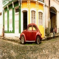 Kicsi, régi, piros, autó, parkoló, előtt, színes, épület, Pelourinho, Salvador, Bahia, Brazília, Poszter, Nyomtatás