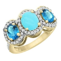 14k sárga arany természetes türkiz & svájci kék topáz 3-kő gyűrű ovális gyémánt akcentus, méret 10