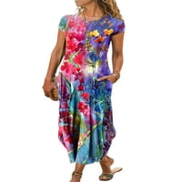 Haite Női hosszú ruha virágmintás Maxi ruhák rövid ujjú Nyári strand Sundress Party Holiday Crew Neck Többszínű 2XL